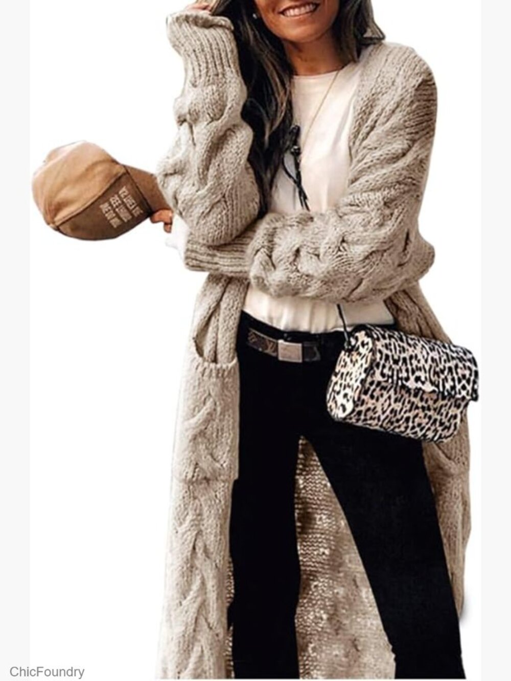 Women's Long Cable Knit Cardigan with Pockets Open Front